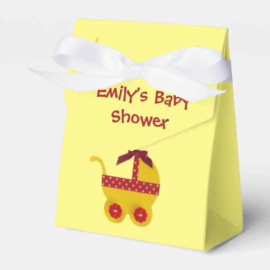 パーソナライズ、明るい黄色、赤いベビーベビーカー フェイバーボックス (正面サイド)