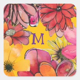 パーソナライズ。明るい70年代の花のパワー スクエアシール
