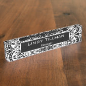 パーソナライズ、白黒ペイズリーデザイン デスクネームプレート (側面)
