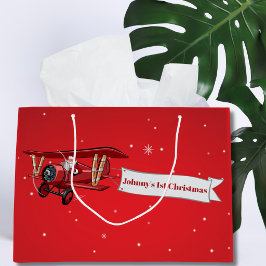 パーソナライズ,赤い飛行機とサンタ,最初のクリスマス ラージペーパーバッグ