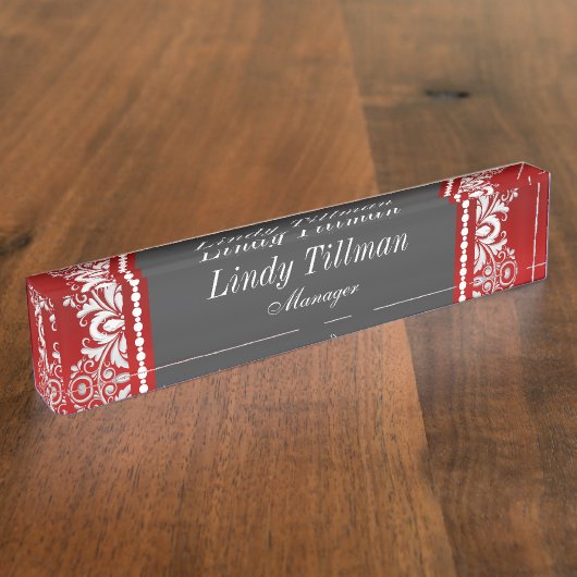 パーソナライズ、赤と黒のレース デスクネームプレート (側面)