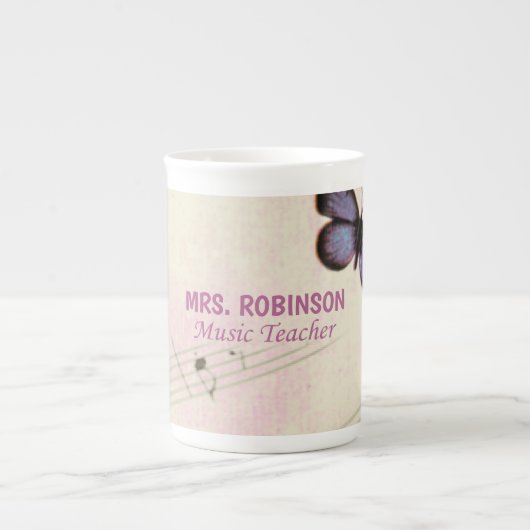 パーソナライズ、音楽の蝶の感謝してい先生 ボーンチャイナマグカップ (正面)