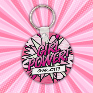 パーソナライズ GIRL POWER コミックブック ピンク キーホルダー