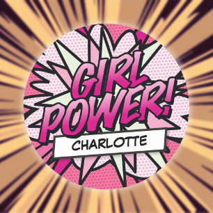 パーソナライズ GIRL POWER ファンコミック ピンク ラウンドシール