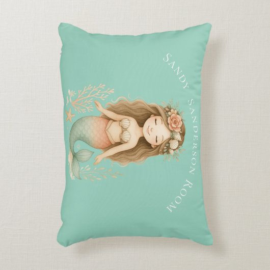 パーソナライズBohoガールマーメイドライトブルーラウンド アクセントクッション (正面(垂直))