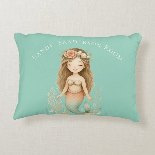 パーソナライズBohoガールマーメイドライトブルーラウンド アクセントクッション (裏面)