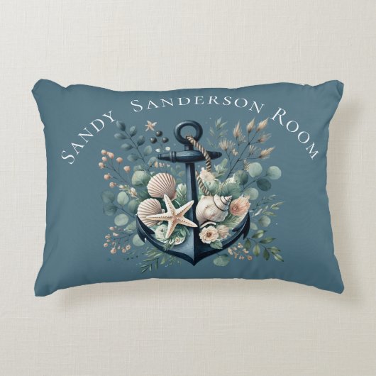 パーソナライズBohoブルー沿岸いかりラウンド アクセントクッション (正面)