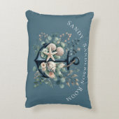 パーソナライズBohoブルー沿岸いかりラウンド アクセントクッション (裏面(縦))