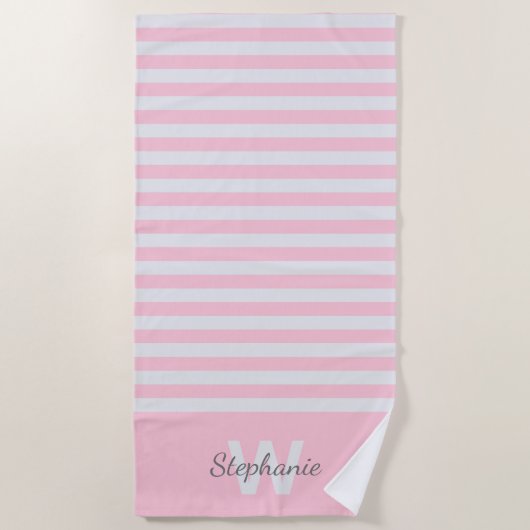 パーソナライゼーションストライプ付きピンク色のオーニング窓 ビーチタオル (正面)