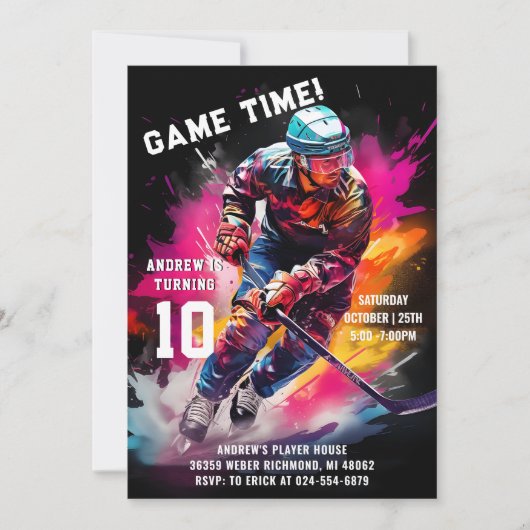 パーソナルアイスホッケースポーツ誕生日パーティー 招待状 (正面)