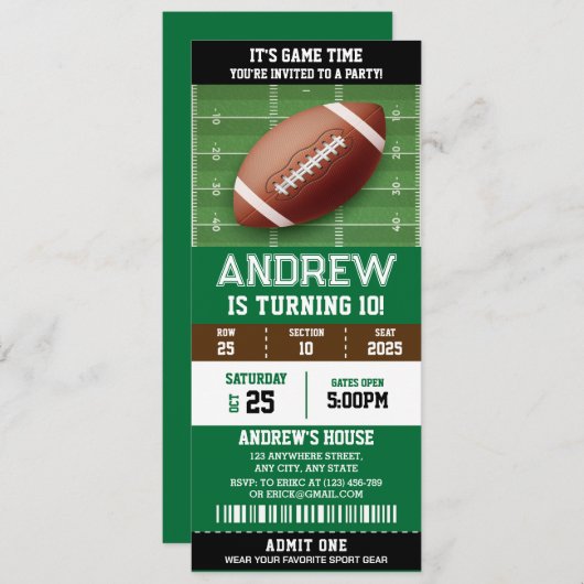 パーソナルアメリカンフットボール誕生日パーティーチケット 招待状 (正面/裏面)