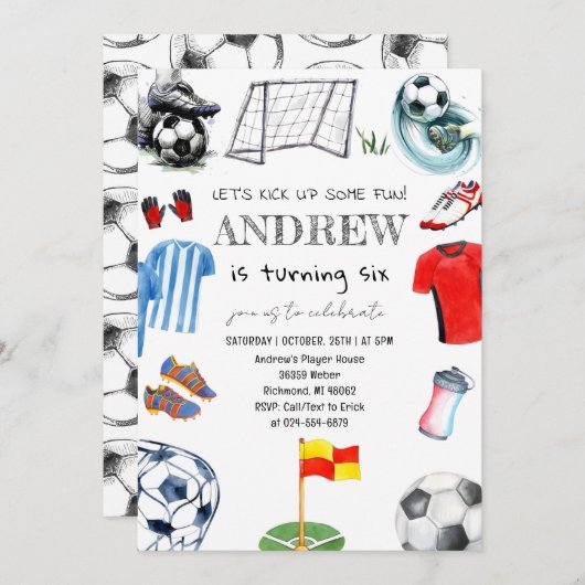 パーソナルウォーターカラーサッカー誕生日パーティー 招待状 (正面/裏面)