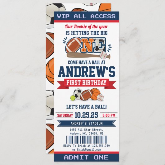 パーソナルオールスタースポーツファースト誕生日チケット 招待状 (正面/裏面)