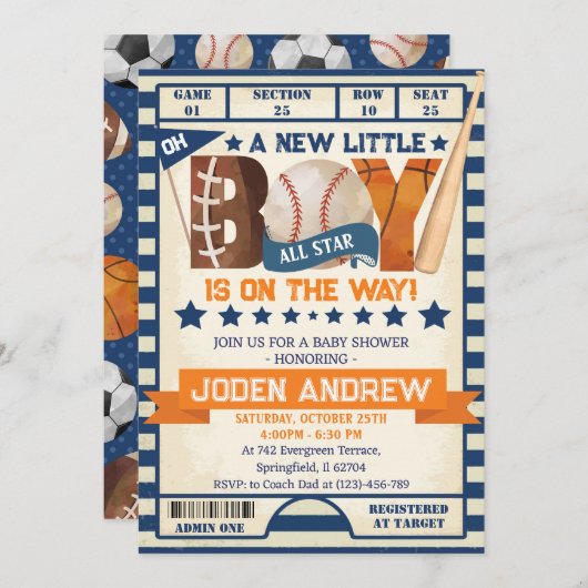 パーソナルオールスタースポーツベビーシャワー 招待状 (正面/裏面)