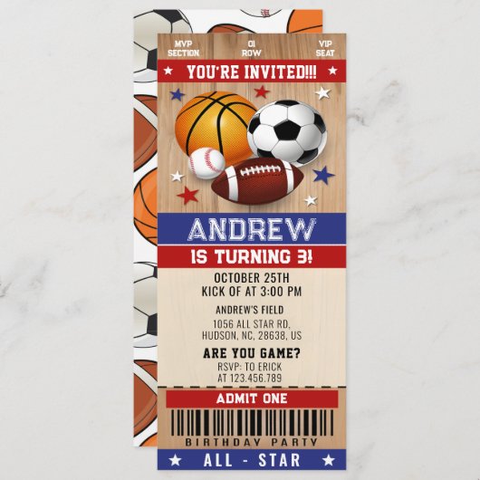 パーソナルオールスターズスポーツチケット誕生日 招待状 (正面/裏面)