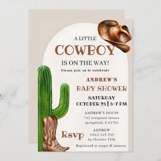パーソナルカウボーイベビーシャワー招待状 招待状 (正面/裏面)
