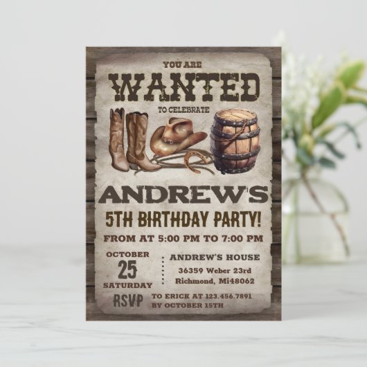 パーソナルカントリーウェスタンヴィンテージカウボーイ誕生日 招待状 (スタンド正面)