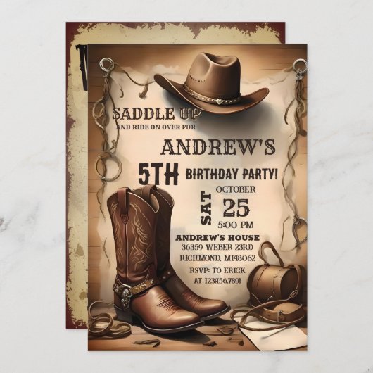 パーソナルカントリーウエスタンサドルアップカウボーイ誕生日 招待状 (正面/裏面)