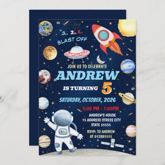 パーソナルキッズアウタースペース誕生日招待状 招待状 (正面/裏面)