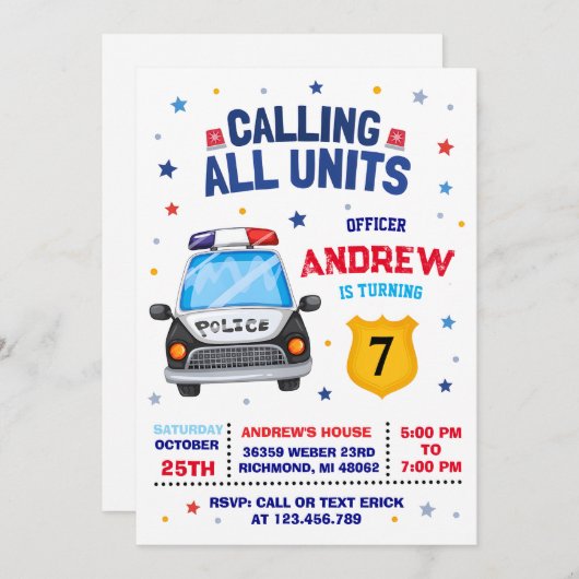 パーソナルキモダンッズポリス誕生日招待状 招待状 (正面/裏面)