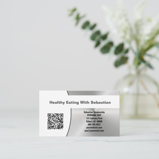 パーソナルシェフつや消し鋼カスタムの写真QRコード 名刺 (スタンド正面)