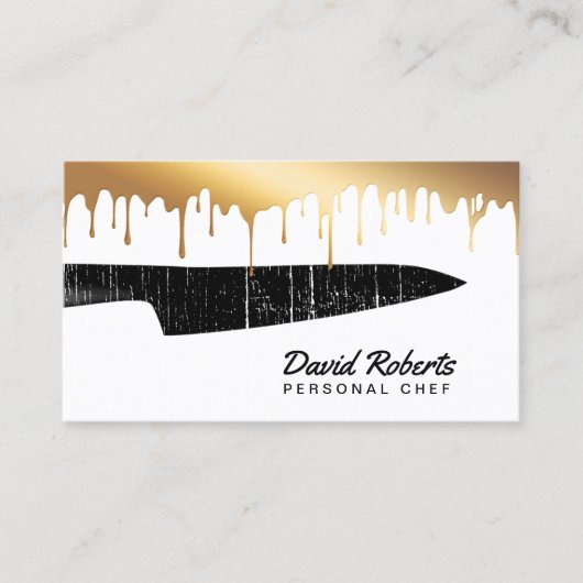 パーソナルシェフケータリングブラックナイフシック金ゴールドドリップ 名刺 (正面)