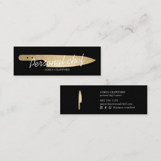 パーソナルシェフシック金ゴールドナイフミニマリストケータリング スキニー名刺 (正面/裏面)