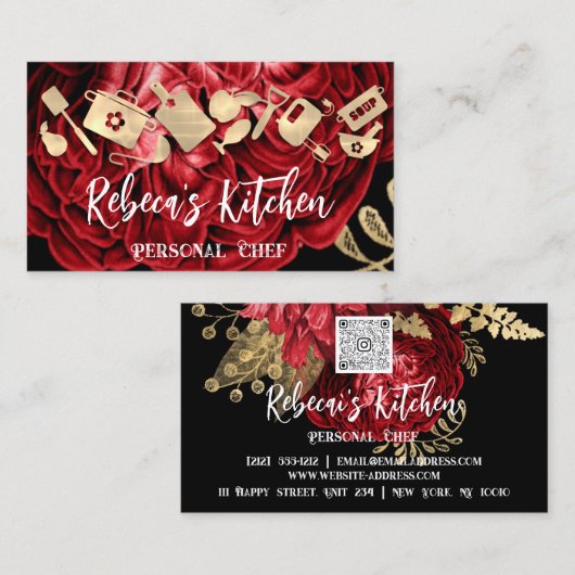 パーソナルシェフレストランケータリングQRロゴ金ゴールドレッド 名刺 (正面/裏面)