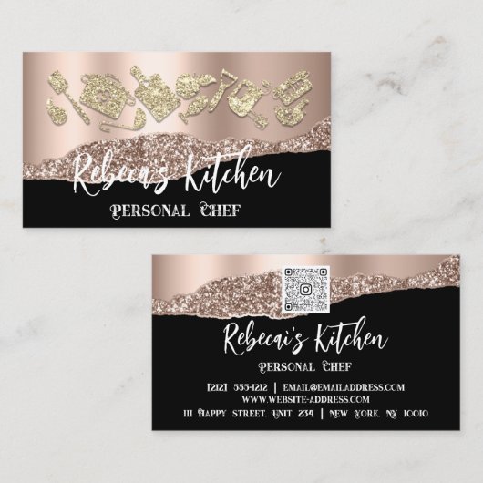 パーソナルシェフレストランケータリングQRロゴ金ゴールド 名刺 (正面/裏面)