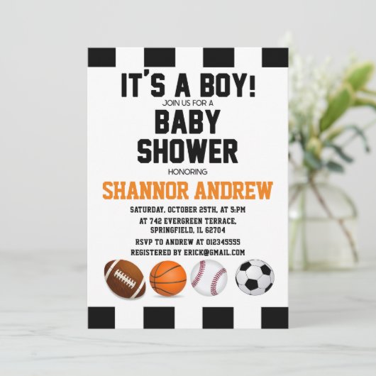 パーソナルシンプルスポーツをテーマにした男の子のためのベビーシャワー 招待状 (スタンド正面)