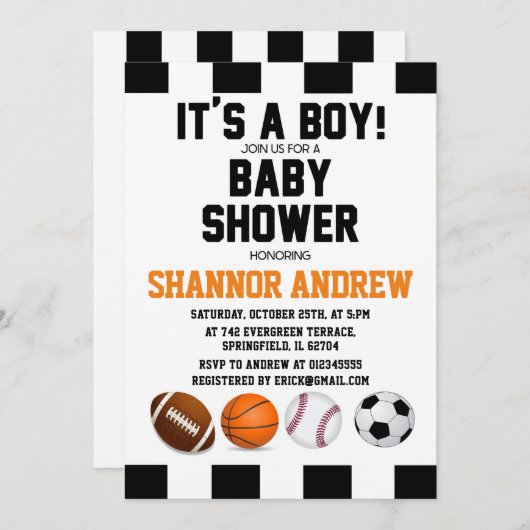 パーソナルシンプルスポーツをテーマにした男の子のためのベビーシャワー 招待状 (正面/裏面)