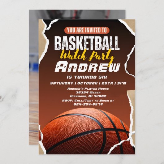 パーソナルシンプルバスケットボール誕生日(写真あり) 招待状 (正面/裏面)