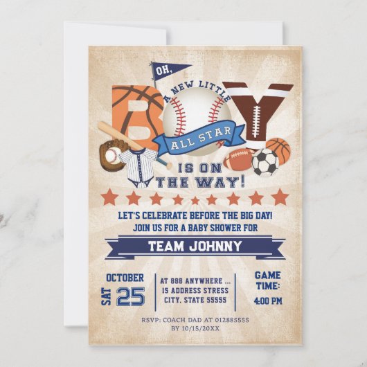 パーソナルスポーツオールスターベビーシャワー 招待状 (正面)