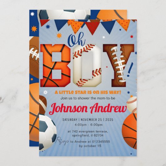 パーソナルスポーツオールスター赤ちゃんシャワーカラー 招待状 (正面/裏面)