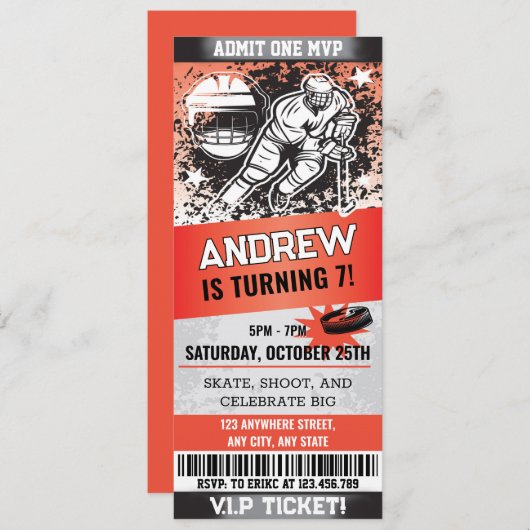パーソナルスポーツホッケーチケットスケートで滑る誕生日 招待状 (正面/裏面)