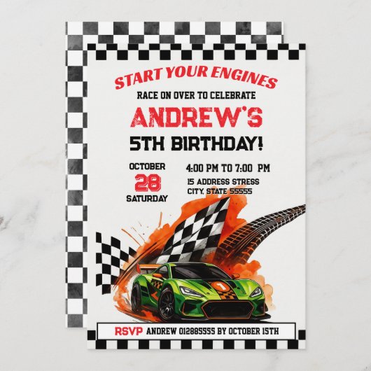 パーソナルスポーツレースカー誕生日パーティー 招待状 (正面/裏面)