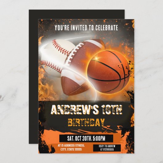 パーソナルスポーツ誕生日印刷可能なすべてのスポーツ 招待状 (正面/裏面)