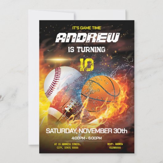 パーソナルスポーツ誕生日印刷可能招待状 招待状 (正面)