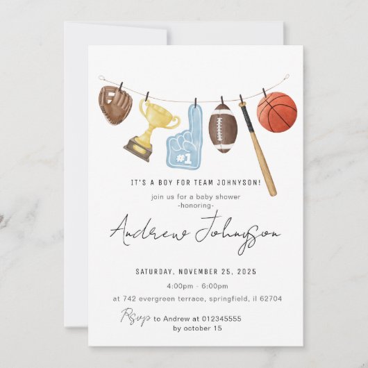 パーソナルスポーツ赤ちゃんシャワーバンドル 招待状 (正面)