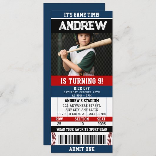 パーソナルスポーツ野球チケット誕生日と写真 招待状 (正面/裏面)