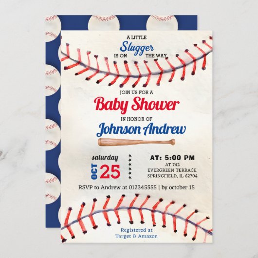 パーソナルスポーツ野球赤ちゃんシャワー小さなスラッガー 招待状 (正面/裏面)