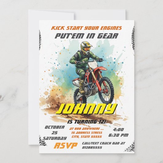 パーソナルダートバイクモトクロス誕生日パーティー 招待状 (正面)