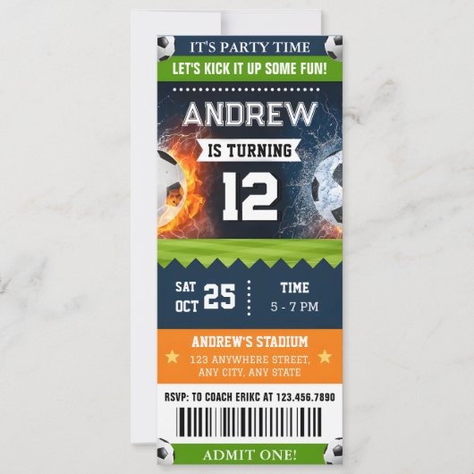 パーソナルチケットサッカー誕生日招待状 招待状 (正面)