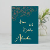 パーソナルティール（緑がかった色）および金ゴールド名旧誕生日カード 箔招待状 (立ち正面)