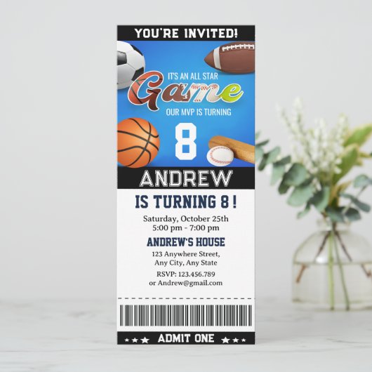 パーソナルテーマオールスタースポーツチケット誕生日 招待状 (スタンド正面)