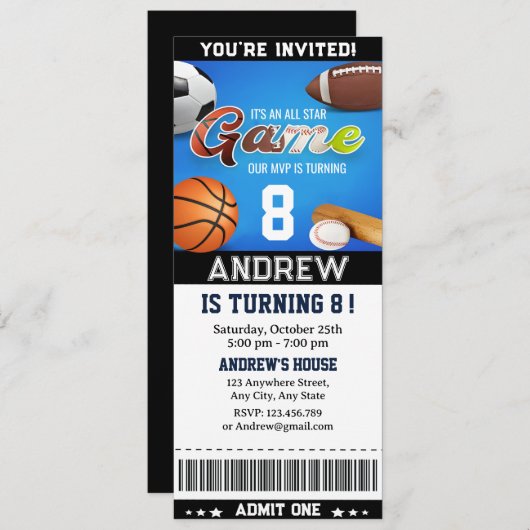 パーソナルテーマオールスタースポーツチケット誕生日 招待状 (正面/裏面)
