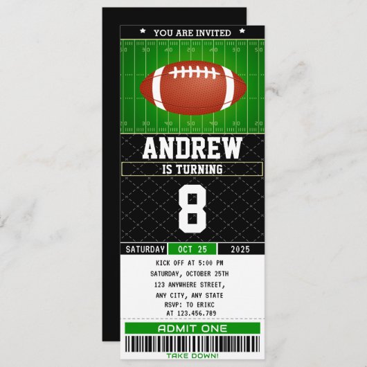 パーソナルデジタルアメリカンフットボールチケット誕生日 招待状 (正面/裏面)