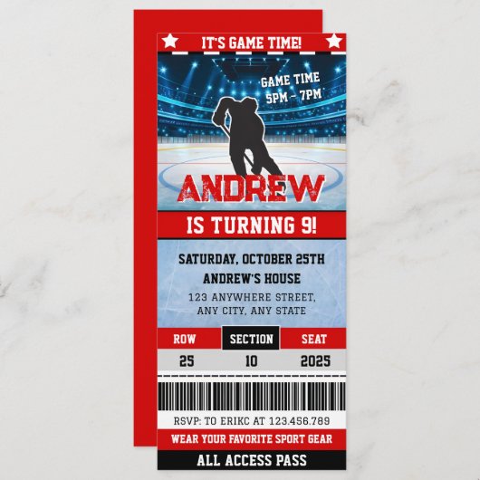 パーソナルデジタルホッケーゲームチケット誕生日 招待状 (正面/裏面)