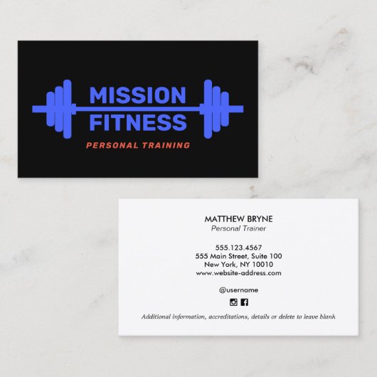 パーソナルトレーナーブルーバーベルフィットネスブラック 名刺 (正面/裏面)