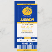 パーソナルバスケットボールチケットブルー&イエロー誕生日 招待状 (正面/裏面)